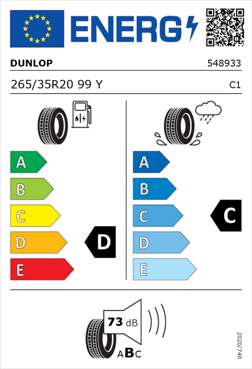 Tyre Label for Dunlop SP SPORTMAXX GT 265/35R20 99Y