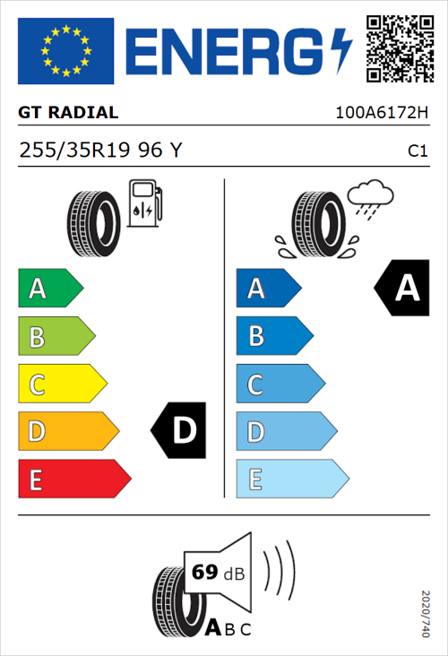 Tyre Label for GT Radial SportActive 2 255/35R19 96Y
